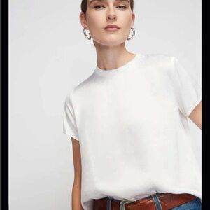 Nation LTD Marie Top White Satin Short Sleeve Crew Neck Top Shirt XS